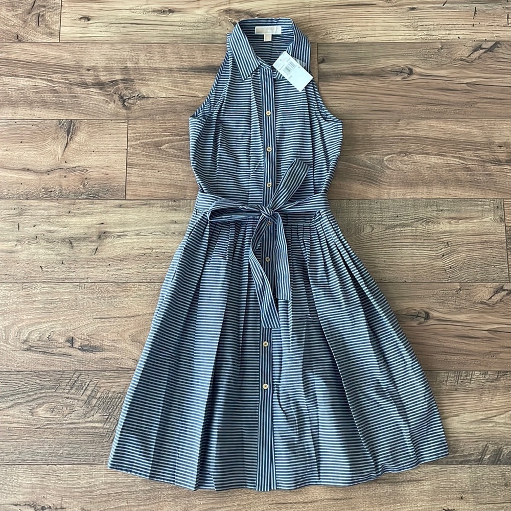 Michael Kors Striped Shirtdress Blue White Belted Sleeveless Size 0 NWT